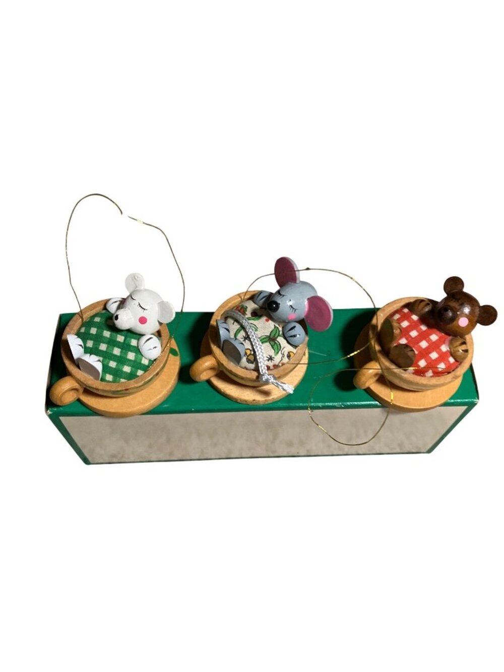 Teacup Wood Pets By Dakin Christmas Ornaments Set Of 3 Mice and Dog Vintage